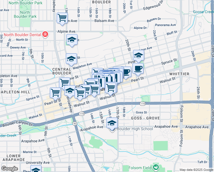 map of restaurants, bars, coffee shops, grocery stores, and more near 1620 Spruce Street in Boulder