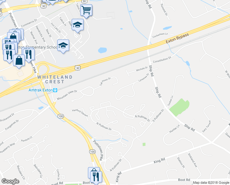 map of restaurants, bars, coffee shops, grocery stores, and more near 439 Lynetree Drive in West Chester