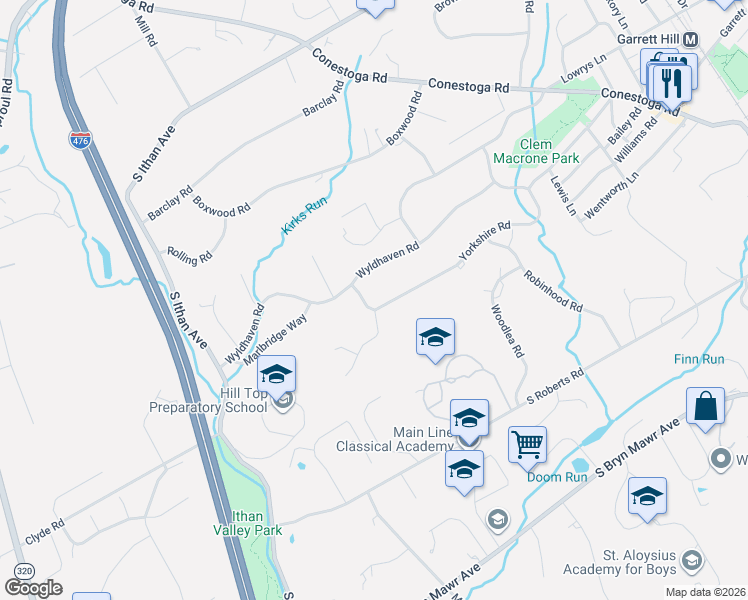 map of restaurants, bars, coffee shops, grocery stores, and more near 413 Wyldhaven Road in Bryn Mawr