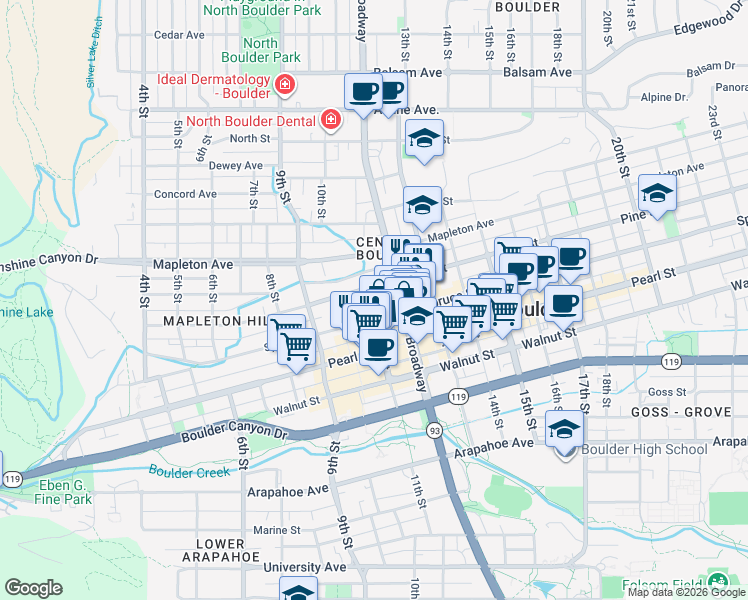 map of restaurants, bars, coffee shops, grocery stores, and more near 2130 11th Street in Boulder