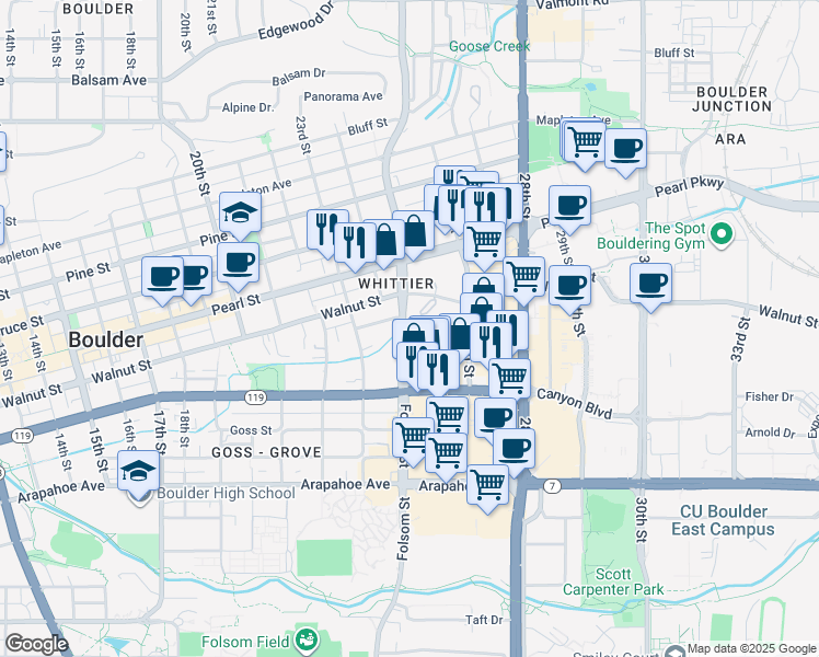 map of restaurants, bars, coffee shops, grocery stores, and more near 1884 Folsom Street in Boulder