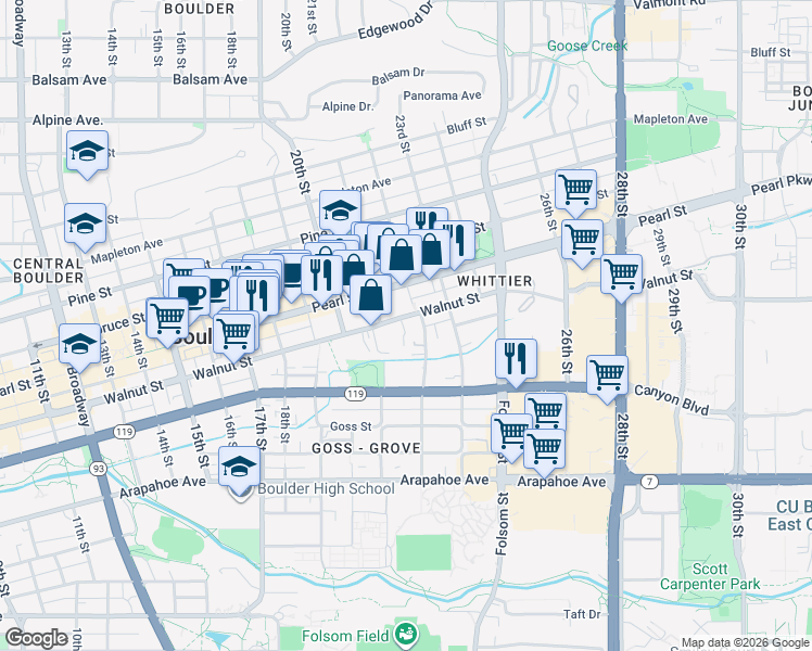 map of restaurants, bars, coffee shops, grocery stores, and more near in Boulder