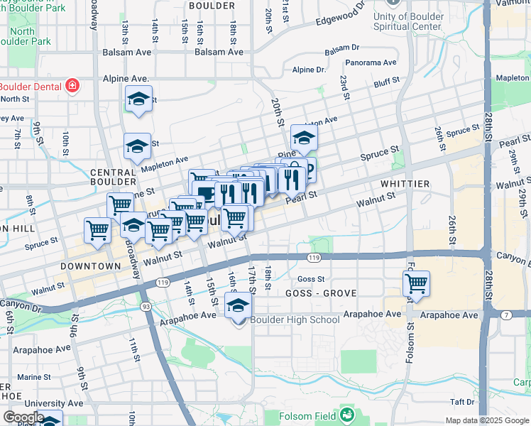 map of restaurants, bars, coffee shops, grocery stores, and more near 1934 18th Street in Boulder