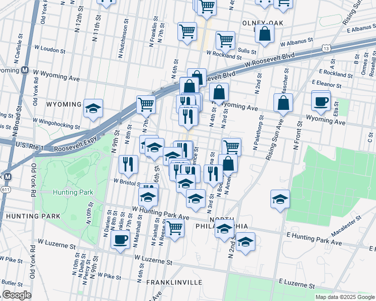 map of restaurants, bars, coffee shops, grocery stores, and more near 4439 North 5th Street in Philadelphia