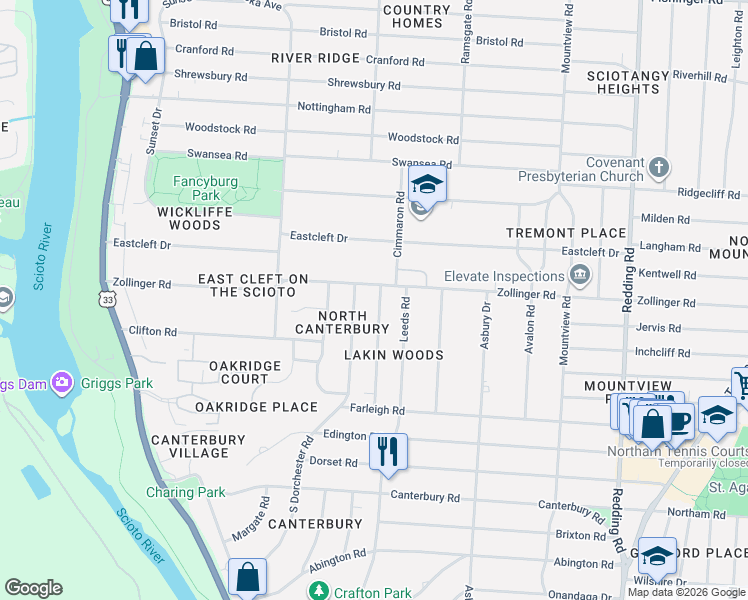 map of restaurants, bars, coffee shops, grocery stores, and more near 2518 Zollinger Road in Columbus