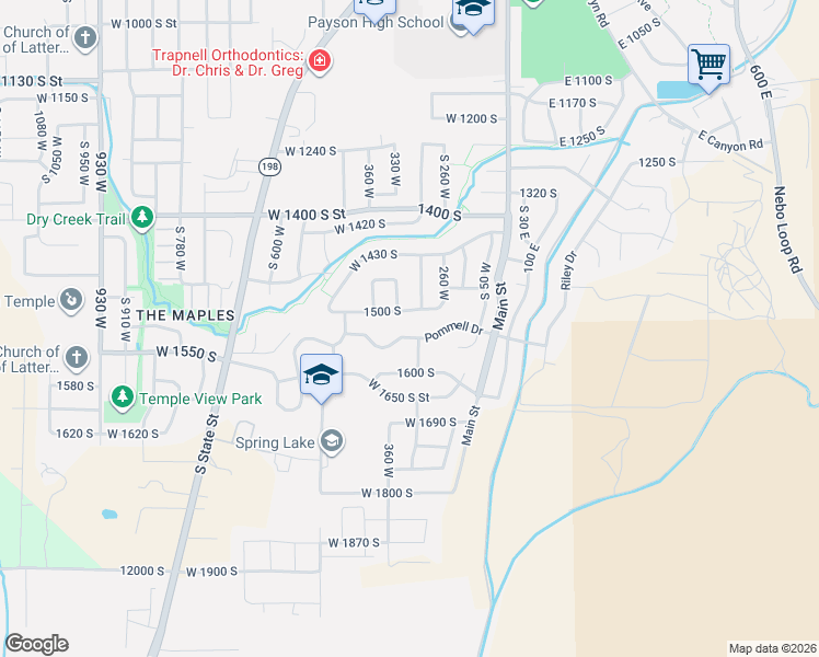 map of restaurants, bars, coffee shops, grocery stores, and more near 1491 South 350 West Street in Payson