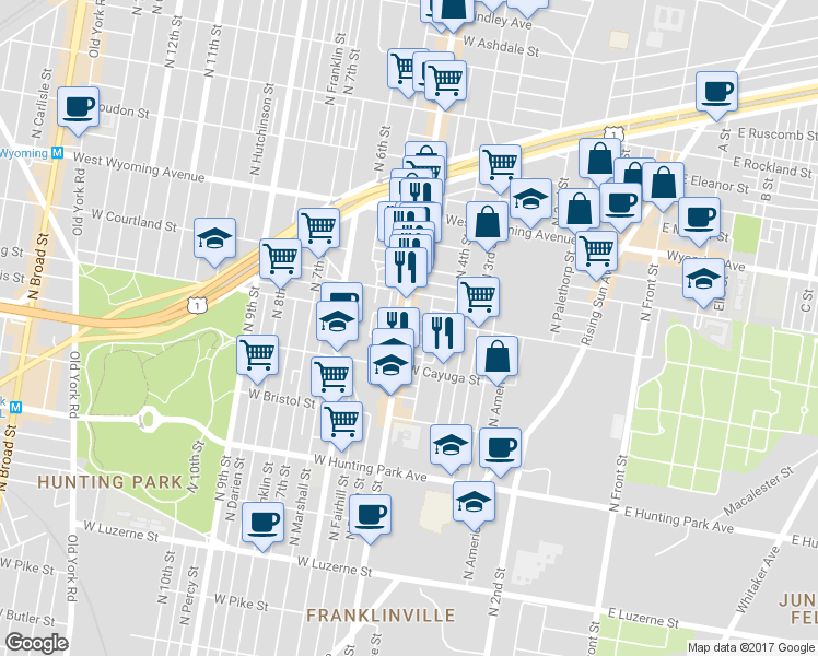 map of restaurants, bars, coffee shops, grocery stores, and more near 4439 North 5th Street in Philadelphia