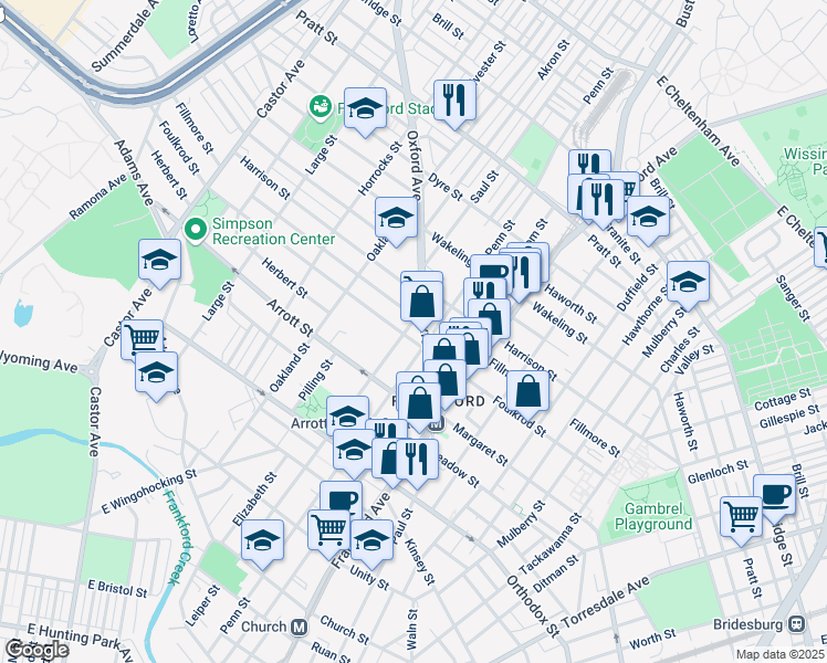 map of restaurants, bars, coffee shops, grocery stores, and more near 4807 Leiper Street in Philadelphia