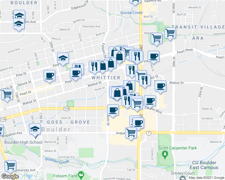 map of restaurants, bars, coffee shops, grocery stores, and more near 1884 Folsom Street in Boulder