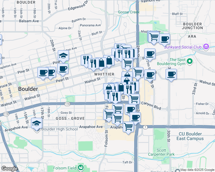 map of restaurants, bars, coffee shops, grocery stores, and more near 1884 Folsom Street in Boulder