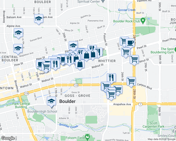 map of restaurants, bars, coffee shops, grocery stores, and more near in Boulder