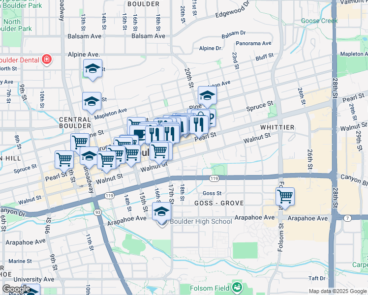 map of restaurants, bars, coffee shops, grocery stores, and more near 1825 Pearl Street in Boulder