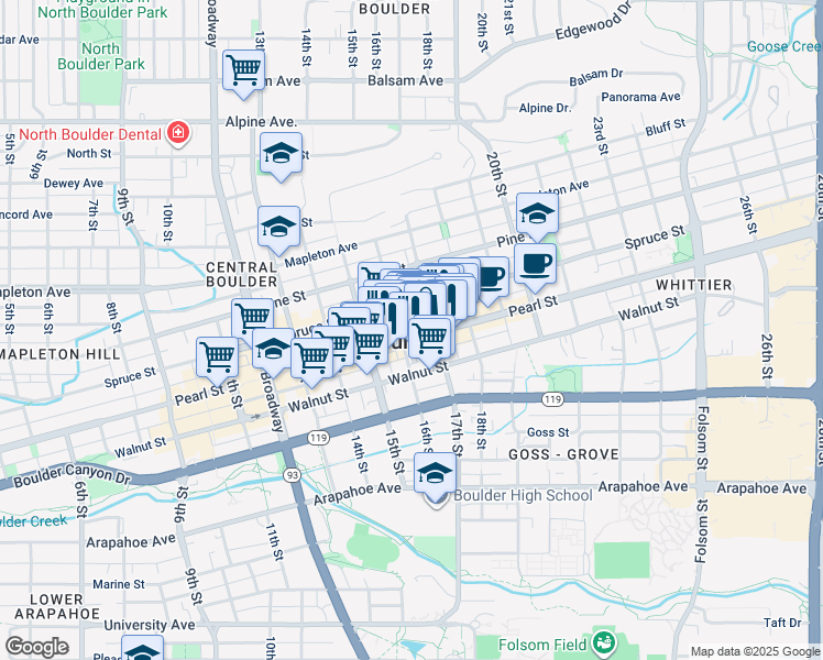 map of restaurants, bars, coffee shops, grocery stores, and more near 1618 Spruce Street in Boulder