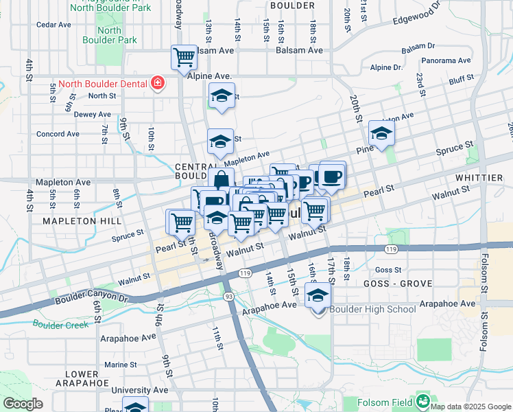 map of restaurants, bars, coffee shops, grocery stores, and more near in Boulder