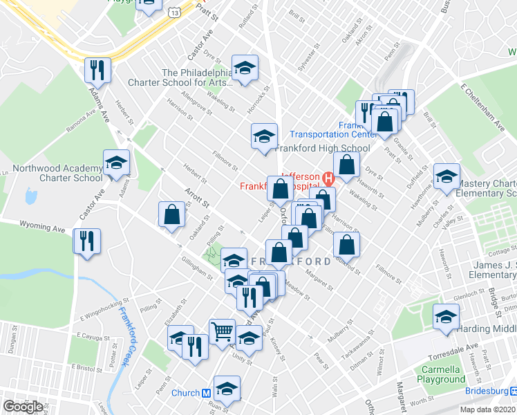 map of restaurants, bars, coffee shops, grocery stores, and more near 1358 Fillmore Street in Philadelphia