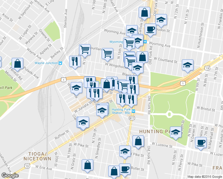 map of restaurants, bars, coffee shops, grocery stores, and more near 1619 Rowan Street in Philadelphia