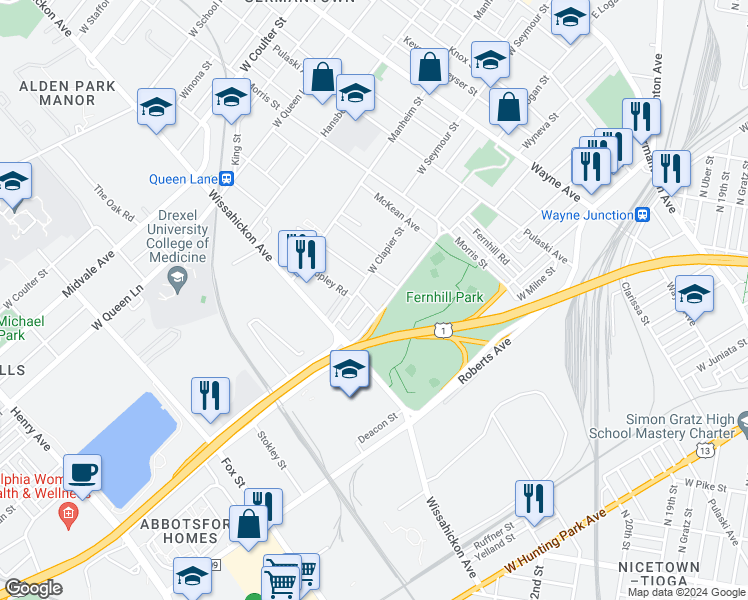 map of restaurants, bars, coffee shops, grocery stores, and more near 4919 Laurens Street in Philadelphia
