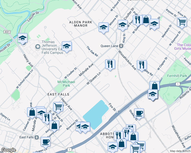map of restaurants, bars, coffee shops, grocery stores, and more near 3001 West Queen Lane in Philadelphia