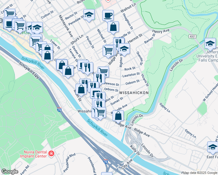 map of restaurants, bars, coffee shops, grocery stores, and more near 153 Osborn Street in Philadelphia