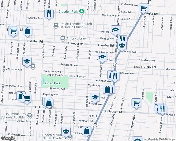 map of restaurants, bars, coffee shops, grocery stores, and more near 1554 Minnesota Avenue in Columbus