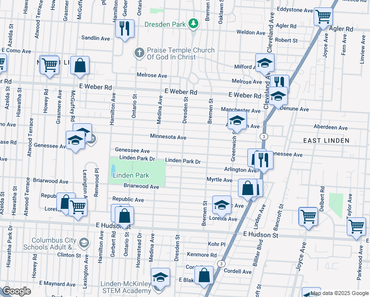 map of restaurants, bars, coffee shops, grocery stores, and more near 1443 Minnesota Avenue in Columbus