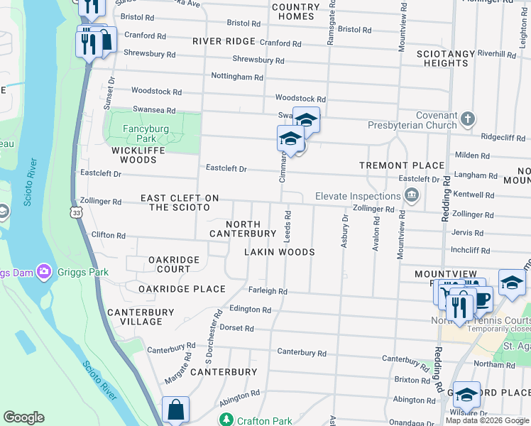 map of restaurants, bars, coffee shops, grocery stores, and more near 2518 Zollinger Road in Columbus