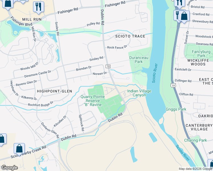 map of restaurants, bars, coffee shops, grocery stores, and more near 3161 Walden Ravines in Columbus
