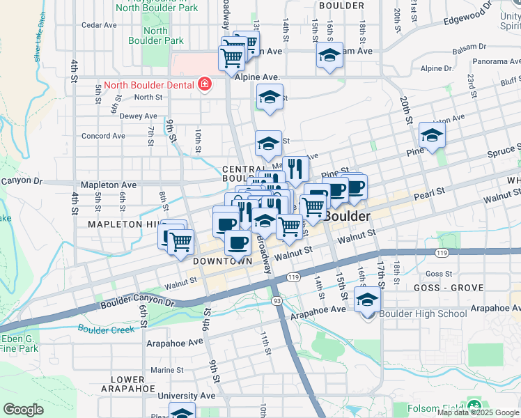 map of restaurants, bars, coffee shops, grocery stores, and more near in Boulder