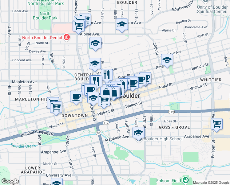 map of restaurants, bars, coffee shops, grocery stores, and more near in Boulder