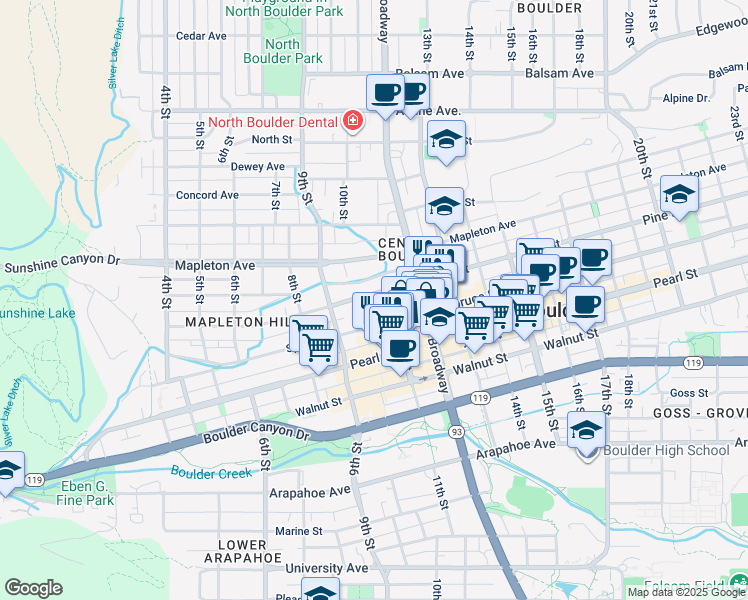 map of restaurants, bars, coffee shops, grocery stores, and more near 1032 Pine Street in Boulder