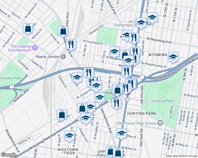 map of restaurants, bars, coffee shops, grocery stores, and more near 4300 North 17th Street in Philadelphia