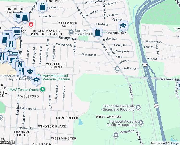 map of restaurants, bars, coffee shops, grocery stores, and more near 1154 Sunny Hill Drive in Columbus