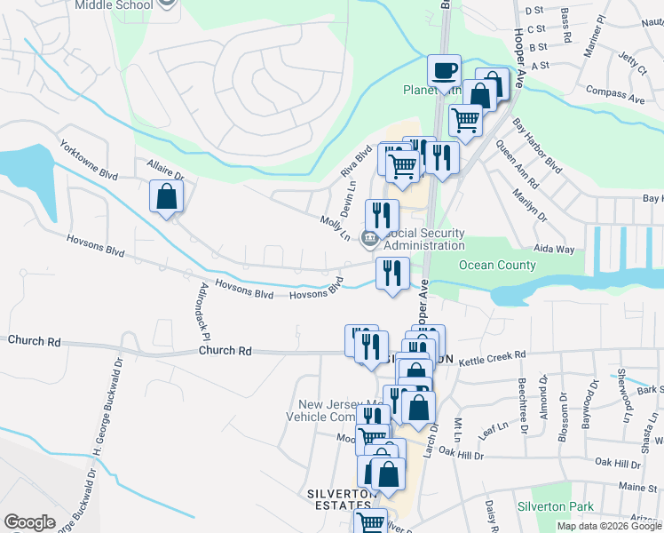 map of restaurants, bars, coffee shops, grocery stores, and more near 28 Newport Place in Toms River