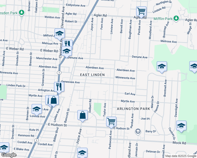 map of restaurants, bars, coffee shops, grocery stores, and more near 1951 Minnesota Avenue in Columbus
