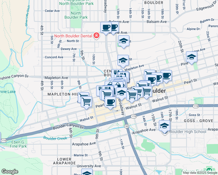 map of restaurants, bars, coffee shops, grocery stores, and more near 2128 11th Street in Boulder