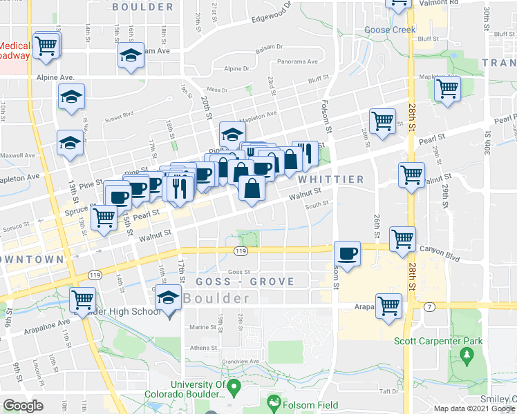 map of restaurants, bars, coffee shops, grocery stores, and more near Walnut St & 21st St in Boulder