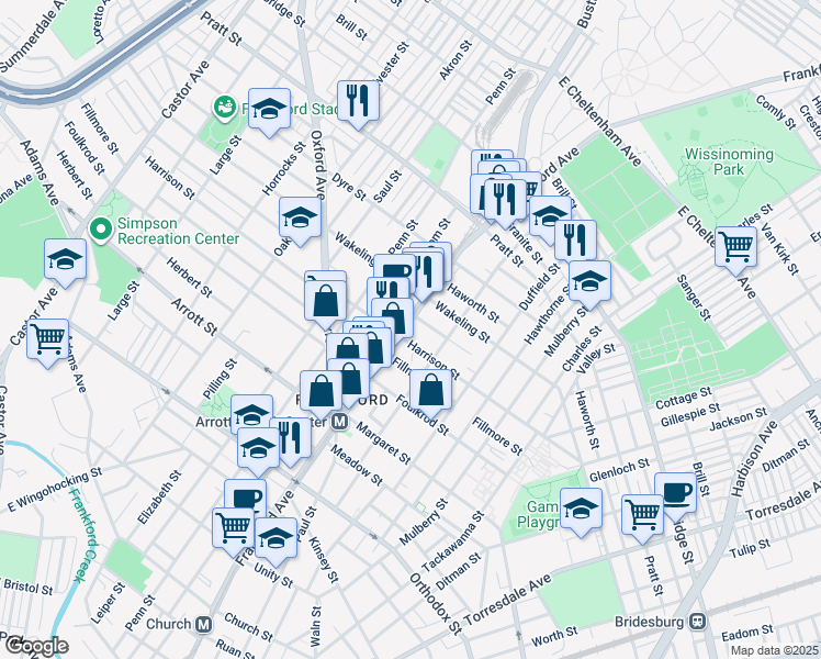map of restaurants, bars, coffee shops, grocery stores, and more near 4913 Frankford Avenue in Philadelphia
