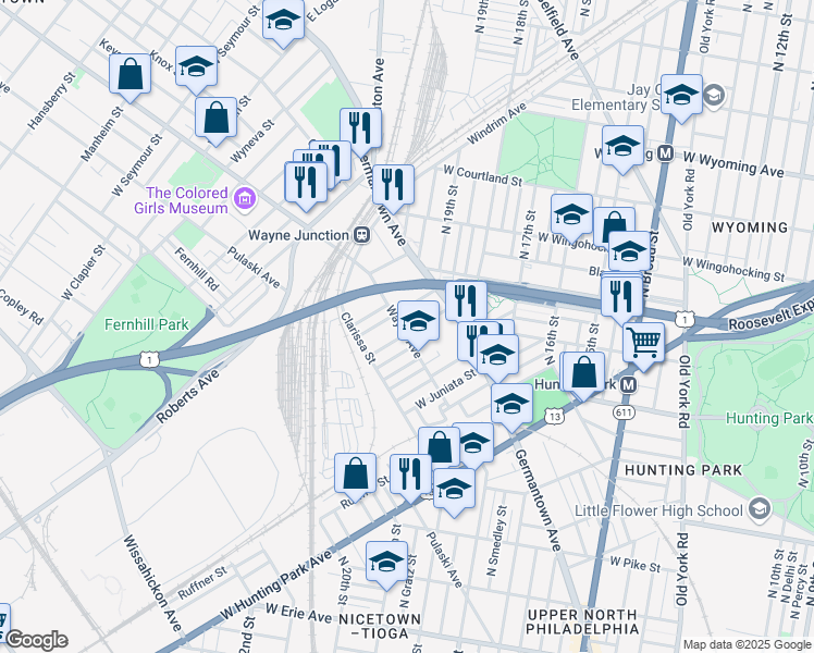map of restaurants, bars, coffee shops, grocery stores, and more near 1961 Rowan Street in Philadelphia