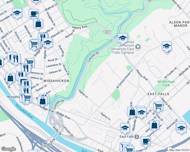 map of restaurants, bars, coffee shops, grocery stores, and more near 4145 Apalogen Road in Philadelphia