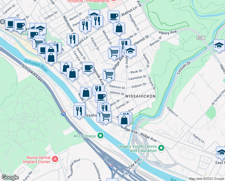 map of restaurants, bars, coffee shops, grocery stores, and more near 149 Osborn Street in Philadelphia