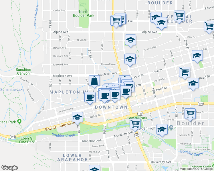 map of restaurants, bars, coffee shops, grocery stores, and more near 1026 Pine Street in Boulder