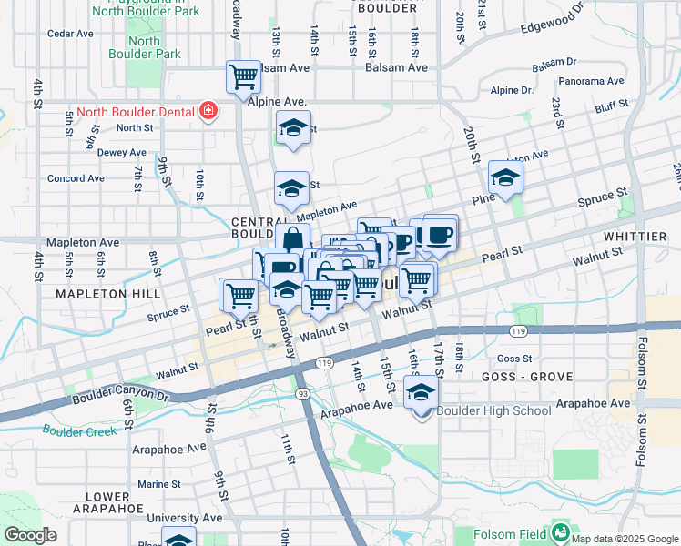 map of restaurants, bars, coffee shops, grocery stores, and more near 2040 14th Street in Boulder