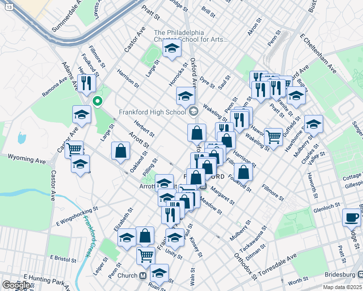 map of restaurants, bars, coffee shops, grocery stores, and more near 1330 Foulkrod Street in Philadelphia