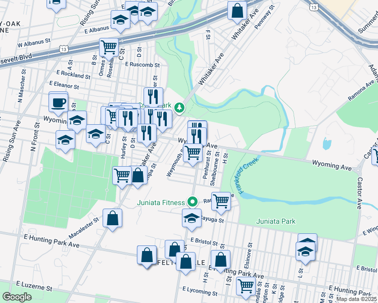 map of restaurants, bars, coffee shops, grocery stores, and more near 4644 Reach Street in Philadelphia