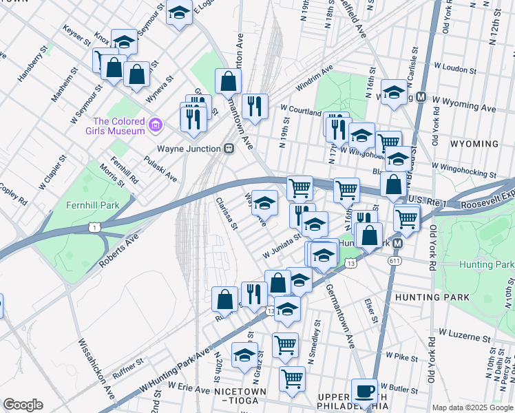 map of restaurants, bars, coffee shops, grocery stores, and more near 1961 Rowan Street in Philadelphia