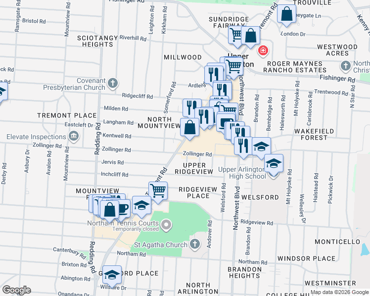 map of restaurants, bars, coffee shops, grocery stores, and more near 3080 Tremont Road in Columbus