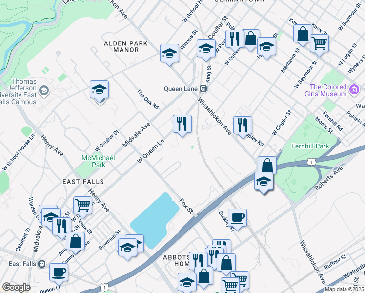 map of restaurants, bars, coffee shops, grocery stores, and more near 2966 West Queen Lane in Philadelphia