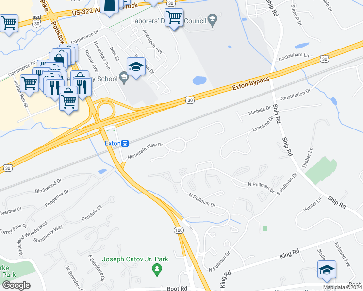 map of restaurants, bars, coffee shops, grocery stores, and more near 191 Mountain View Drive in West Chester