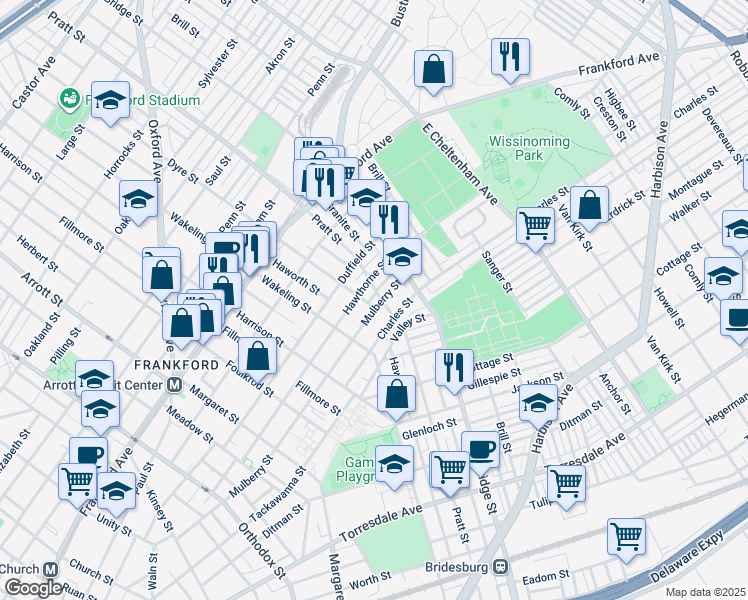 map of restaurants, bars, coffee shops, grocery stores, and more near 5107 Marlowe Street in Philadelphia