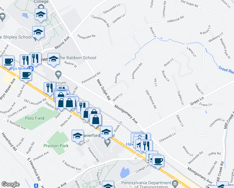 map of restaurants, bars, coffee shops, grocery stores, and more near 112 Rose Lane in Haverford